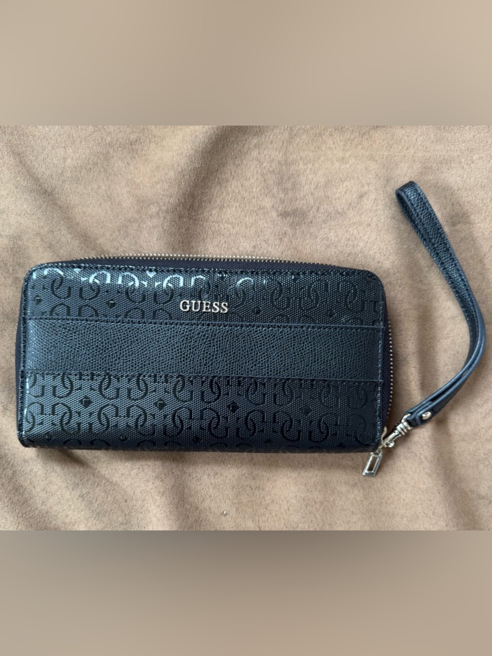 GUESS Black Monogram Zip-Around Wallet with Silver Logo